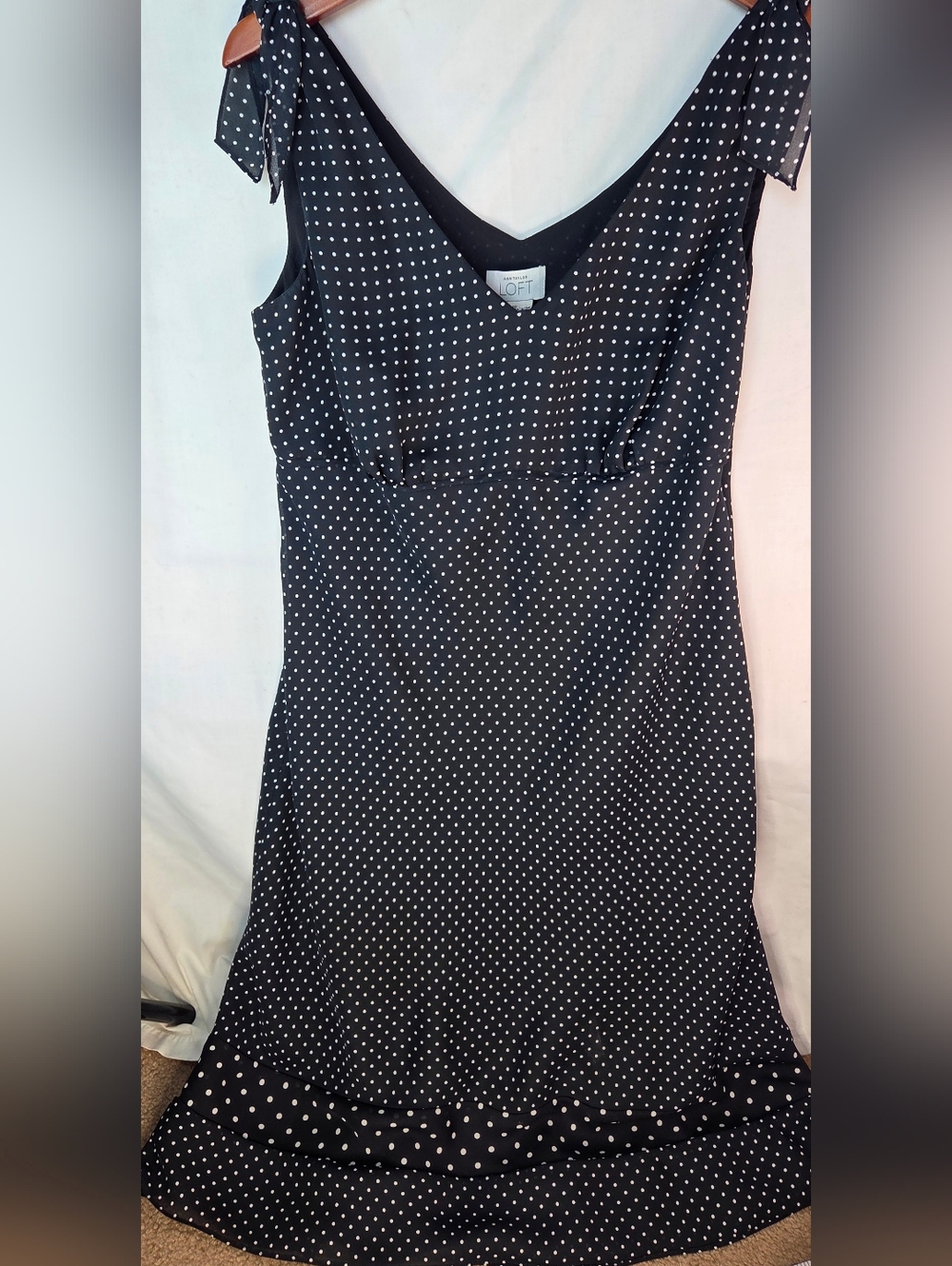 LOFT Black and White Polka Dot Midi Tie-Shoulder Dress